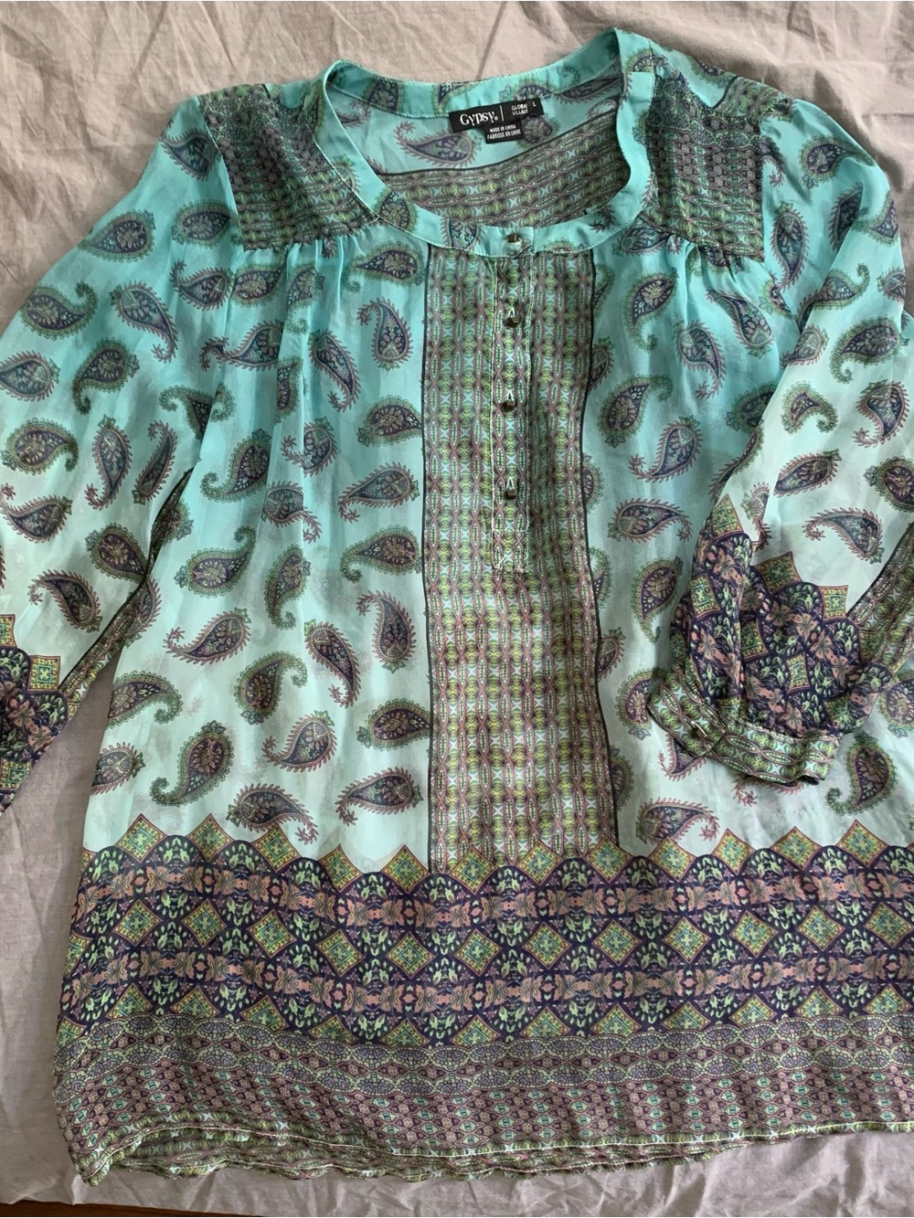 Silk paisley top by Gypsy size L  EUC